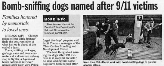 Bomb-sniffing dogs named after 9/11 victims